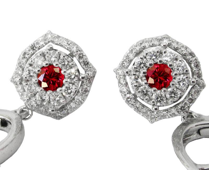 Halo Cluster Earrings Diamond & Ruby Dainty Vintage Square Earrings, White gold - Lianne Jewelry