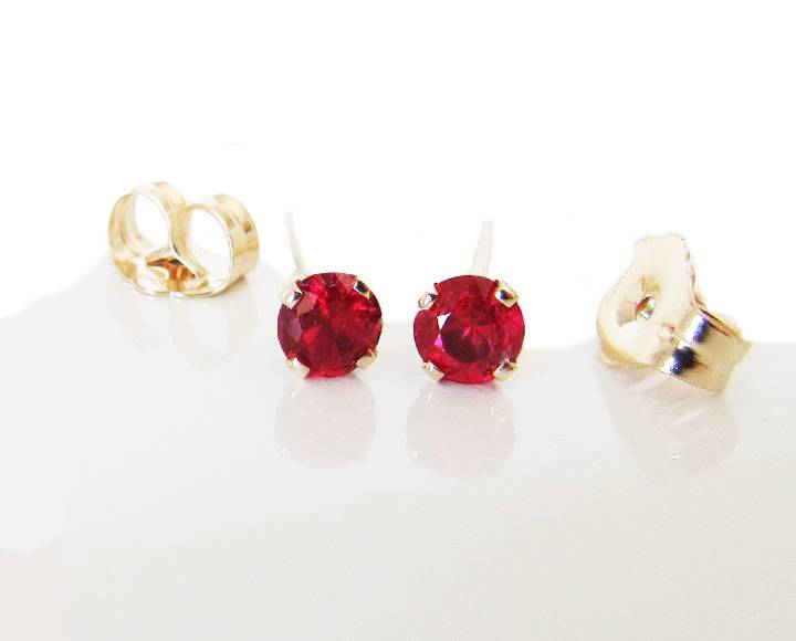 14K gold Ruby Stud Earrings, Lab Ruby, Fine Quality Red, Beautiful Girls Gift for Christmas or Birthday
