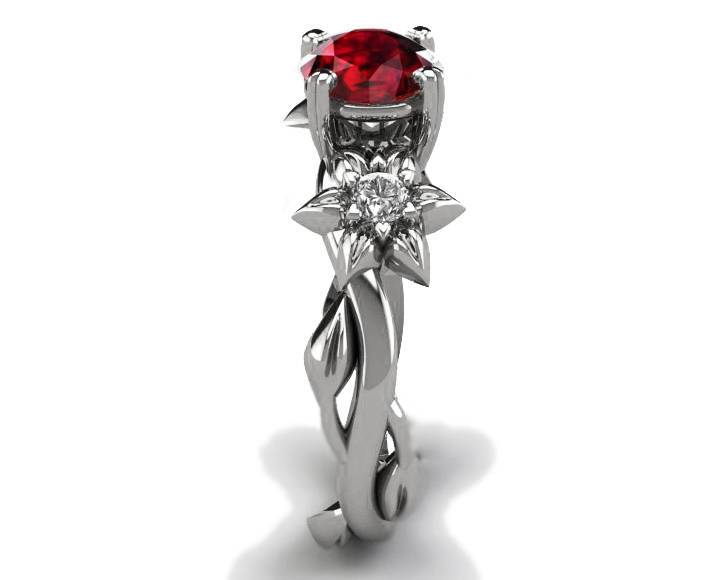 Filigree ring Gold ring Asian Ruby Ring Art Nouveau unique Engagement ring Solid Gold Flower design in White gold