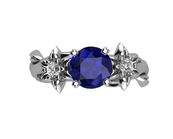 Blue Sapphire Engagement Ring Mother to be Ring Promise Ring Art Deco Floral ring Solid Gold  Flower design 14K or 18K White gold