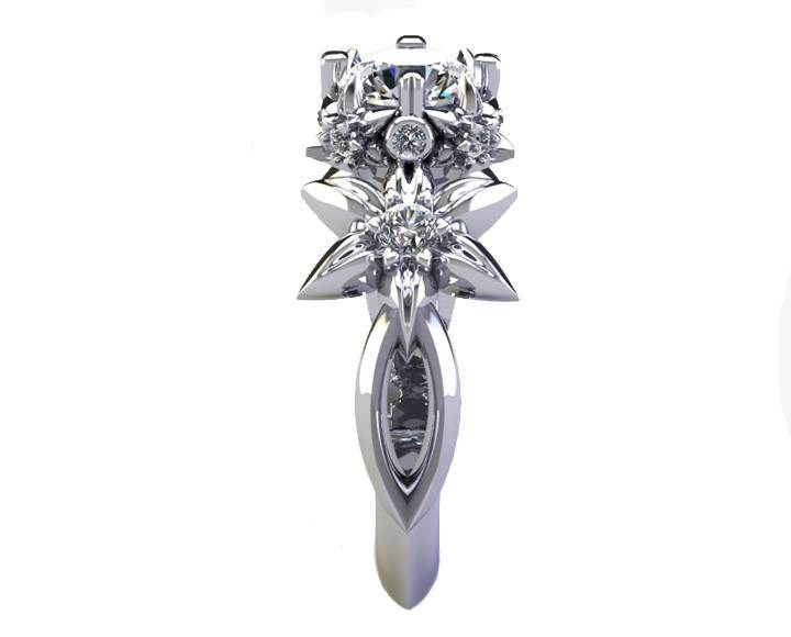 Filigree ring Gold ring Art Nouveau unique Engagement ring Solid Gold Moissanite ring Flower design in White gold