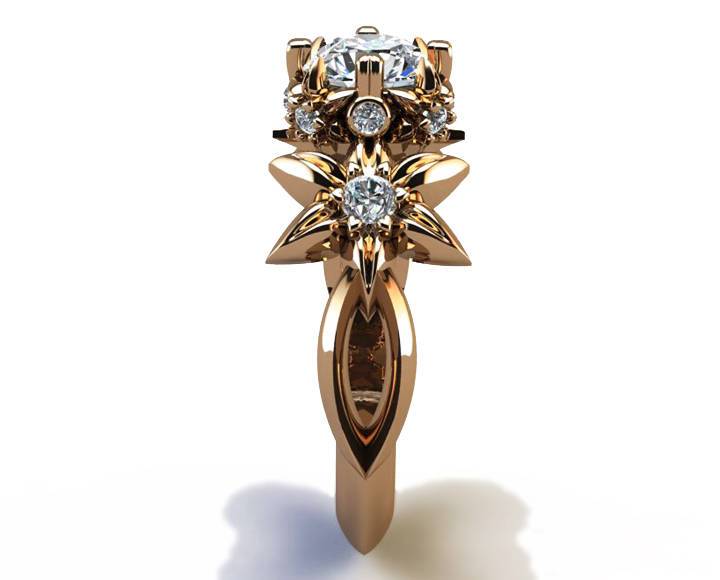 Filigree leaf Engagement ring Gold ring Solid Gold Art Nouveau unique ring Moissanite ring Flower design in Rose gold