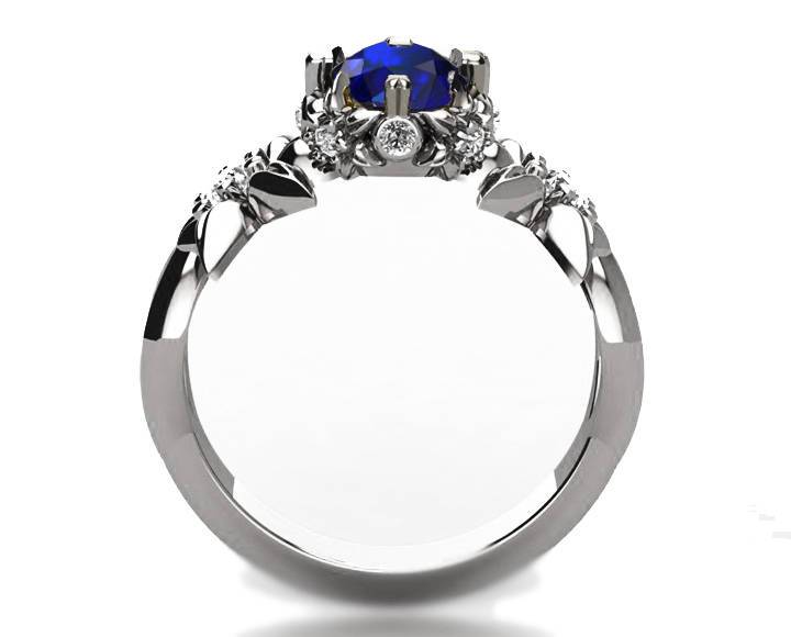 Filigree ring Edwardian Sapphire ring Art Nouveau unique Engagement ring Solid Gold Sapphire ring Flower design in White gold