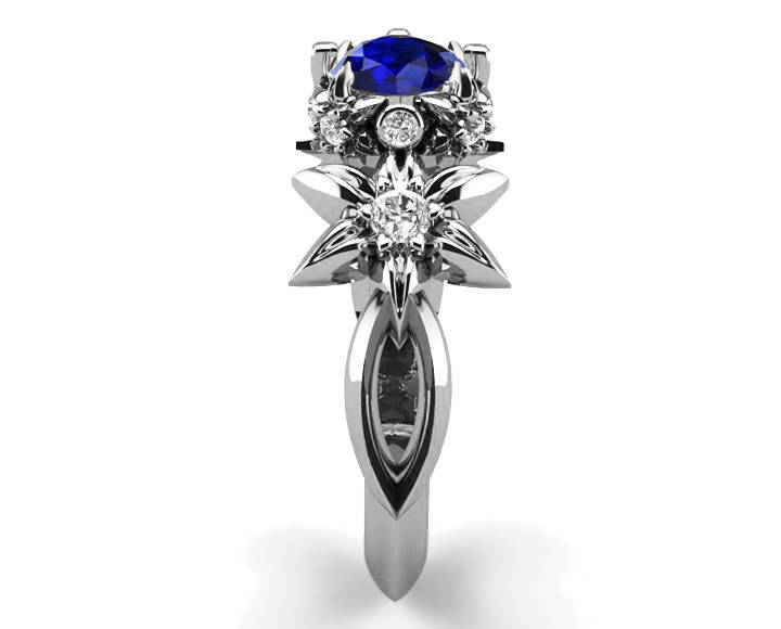 Filigree ring Edwardian Sapphire ring Art Nouveau unique Engagement ring Solid Gold Sapphire ring Flower design in White gold