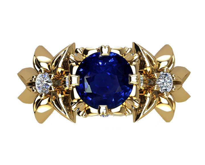 Filigree ring Gold ring Art Nouveau unique Engagement ring Solid Gold Sapphire ring Flower design in Yellow gold - Lianne Jewelry