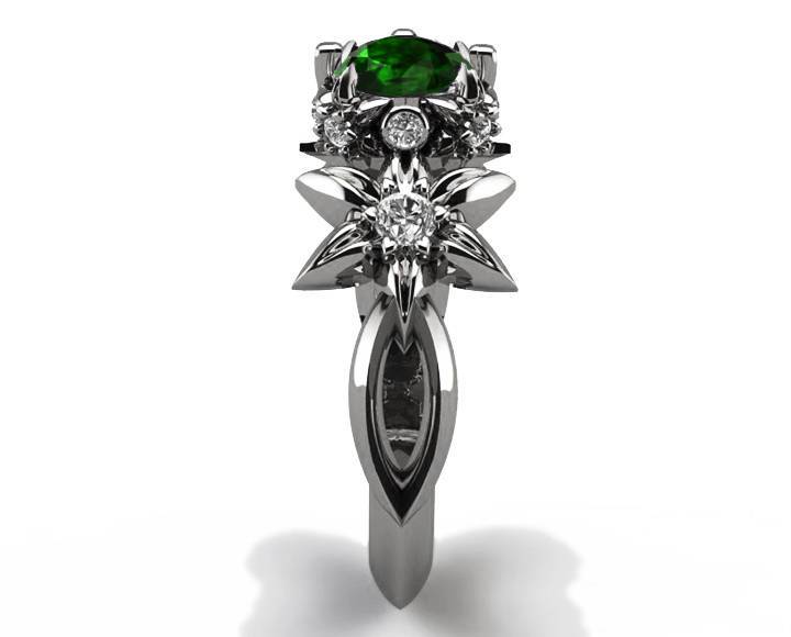 Flower Ring Emerald Filigree ring Gold ring Art Nouveau unique Engagement ring Solid Gold Emerald ring Flower design in White gold