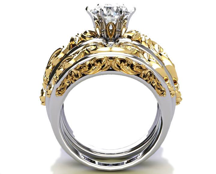 Bridal set Two Tone gold Flower Ring Braided Engraving Trellis Moissanite matching Art Nouveau unique wedding band