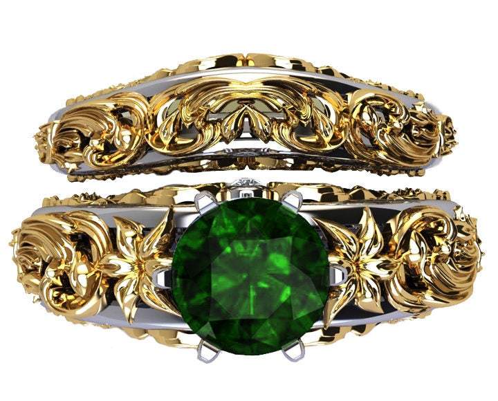 2 Tone Matching Ring Set Filigree Band ring Green Bridal Set Flower Set Ring Milgrain Band Ring Lab Emerald Art Nouveau unique wedding band - Lianne Jewelry