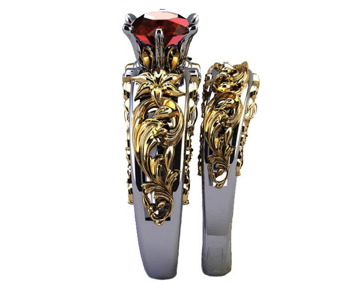 Gold ring Art Nouveau unique Bridal set Two Tone gold Flower Asian Ruby Ring Braided Engraving Trellis Asian Ruby matching wedding band
