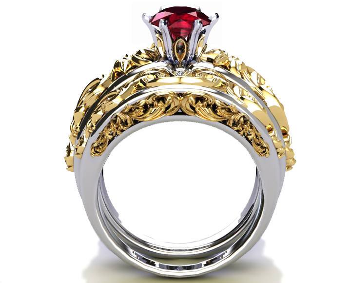 Gold ring Art Nouveau unique Bridal set Two Tone gold Flower Asian Ruby Ring Braided Engraving Trellis Asian Ruby matching wedding band