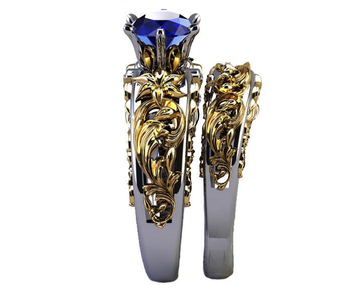 Bridal set Brutalist ring Two Tone Sapphire gold Flower Sapphire Ring  Braided Engraving Trellis Sapphire matching wedding band
