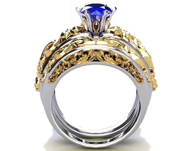 Bridal set Brutalist ring Two Tone Sapphire gold Flower Sapphire Ring  Braided Engraving Trellis Sapphire matching wedding band - Lianne Jewelry