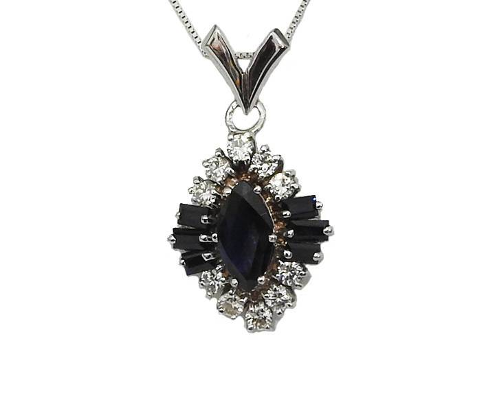 Midnight Blue Sapphire Pendant Necklace Diamond Pendant Marquise Deep dark Sapphire in 14K White gold cluster Pendant - Lianne Jewelry