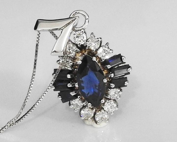 Midnight Blue Sapphire Pendant Necklace Diamond Pendant Marquise Deep dark Sapphire in 14K White gold cluster Pendant