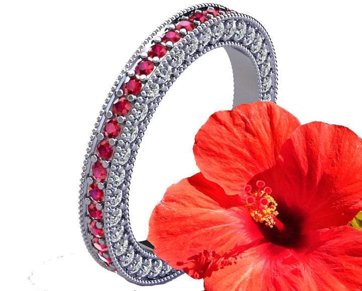 18K White Gold Milgrain Wedding Band  115 stones Gold Ring Ruby & Diamond Ring Eternity Ring Anniversary Ring Ruby Ring Anniversary Gift - Lianne Jewelry