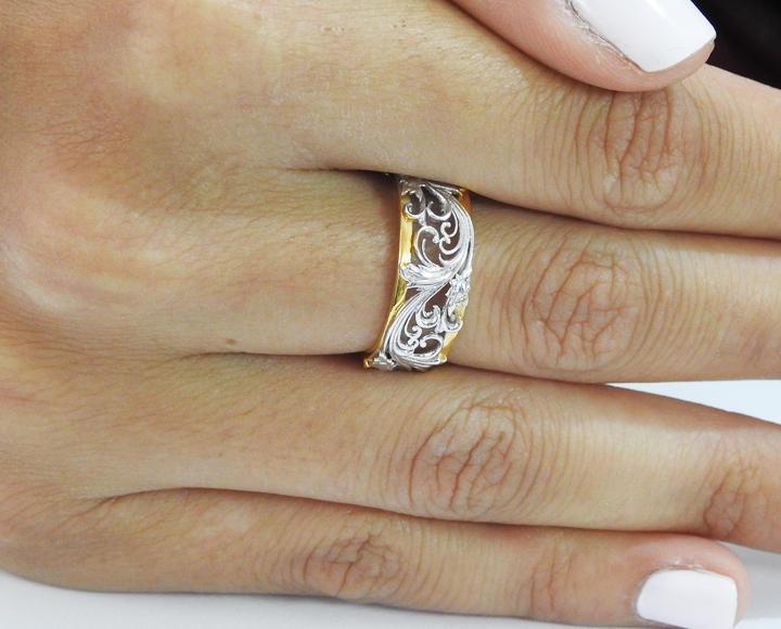 2 Tone Silver Flower Band Engraved Flower Ring Milgrain Silver Band Filigree Wedding Band Engraved Wedding Band Silver Leaf Ring - Lianne Jewelry