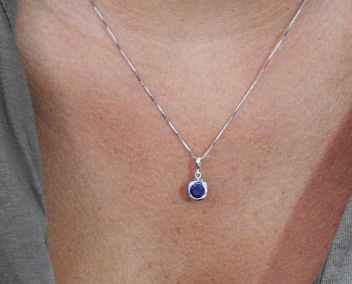 Sapphire Circle Pendant, Blue Pendant, Royal Blue, 14K White gold pendant, September Birthstone, Engagement Gift