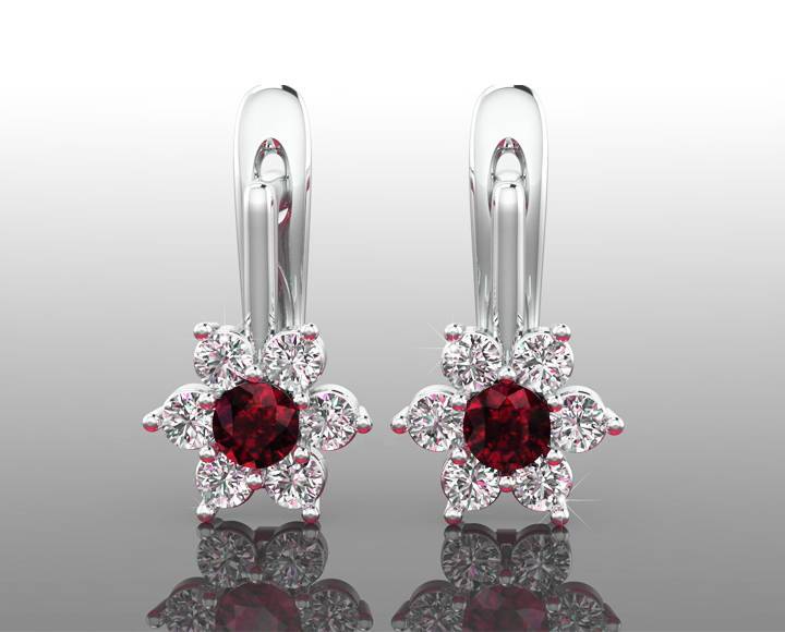 Red Earrings Flower LeverBack Earrings Gold Earrings Art Nouveau Ruby Earrings Diamond Earrings Flower Earrings in 14K or 18K White gold