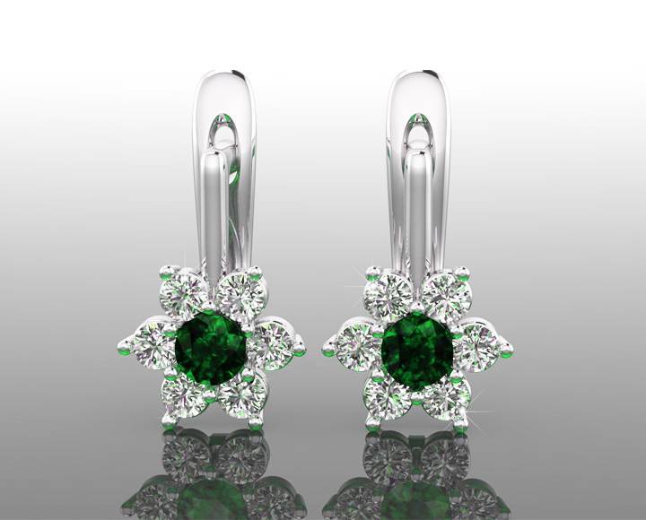 Emerald and Diamond Lever back Hoop Earrings White Gold Earrings Solid Gold Anniversary Earrings