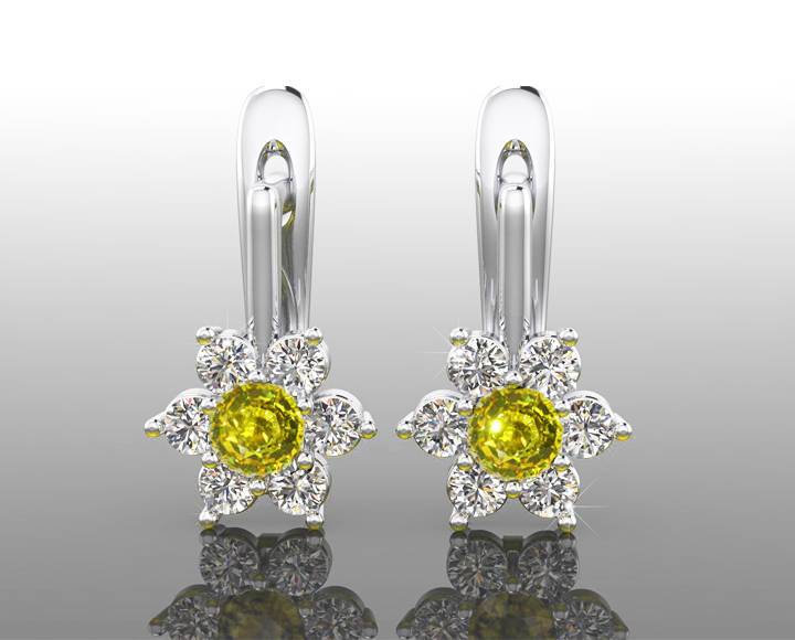 Yellow Flower Diamond Earrings LeverBack Engagement Sunflower Earrings in 14K or 18K White gold