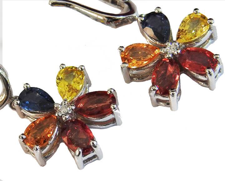 Colorful Dangle Lever-back Earrings Flower 10 Multi color Natural Sapphires Yellow Orange Red-Pink and Blue - Lianne Jewelry