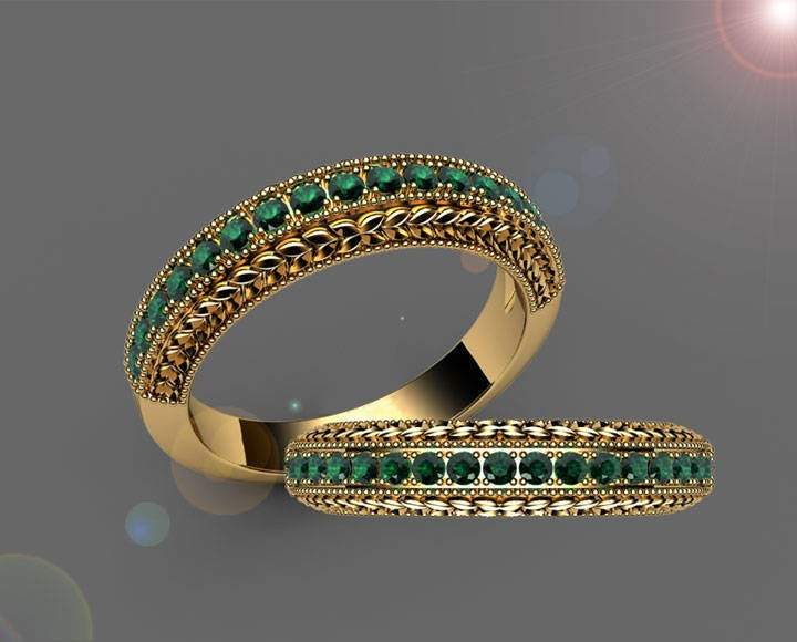 Emerald Milgrain Wedding Band Gree  Wedding Ring 17 Emeralds  0.38 carat 18K White gold or 18K Yellow gold 17th Anniversary gift