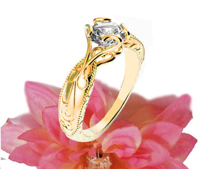 Gold ring Solitaire Ring Unique Claw Design Engraved Engagement Ring 14K or 18K Yellow Gold - Lianne Jewelry
