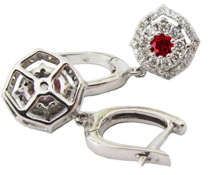 Halo Cluster Earrings Diamond & Ruby Dainty Vintage Square Earrings, White gold