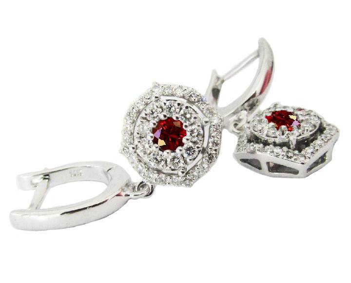 Halo Cluster Earrings Diamond & Ruby Dainty Vintage Square Earrings, White gold