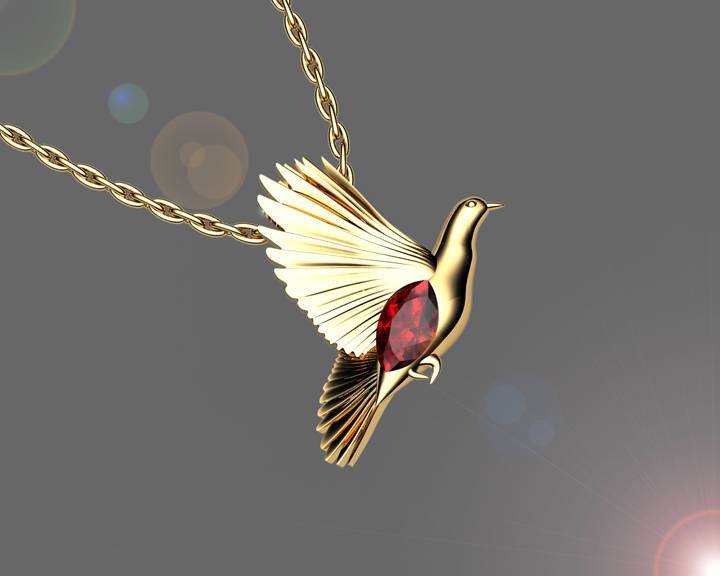 Bird Pendant, Gold Dove Pendant with Ruby Marquise, Wings Pendant, Peace Pendant, Anniversary Gift