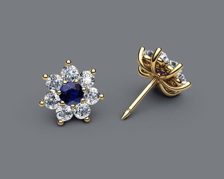 Sapphire and Diamond Flower Earrings in Solid Gold 14K Blue Stud Earring Stud Earrings, Sunflower Earrings