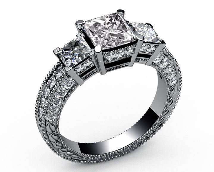 Gold ring 4 carat Diamonds Bridal Set Princess cut Classic 3-stone Diamond Ring White gold Anniversary Ring
