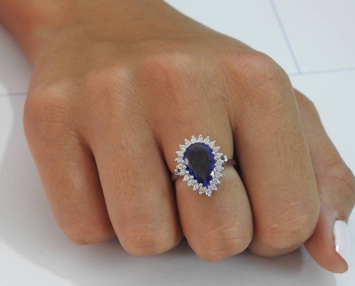 14K Tanzanite Engagement Ring, Pear shape Purple Gemstone surrounded with Diamonds - Lianne Jewelry