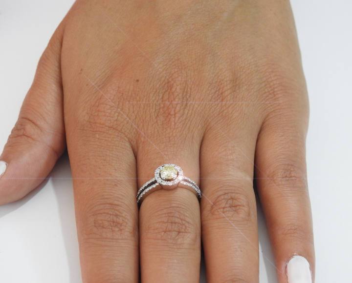 Vintage Diamond ring Gold ring Unique 0.43 carat Fancy Yellow Diamond in double shank Pave ring in White gold