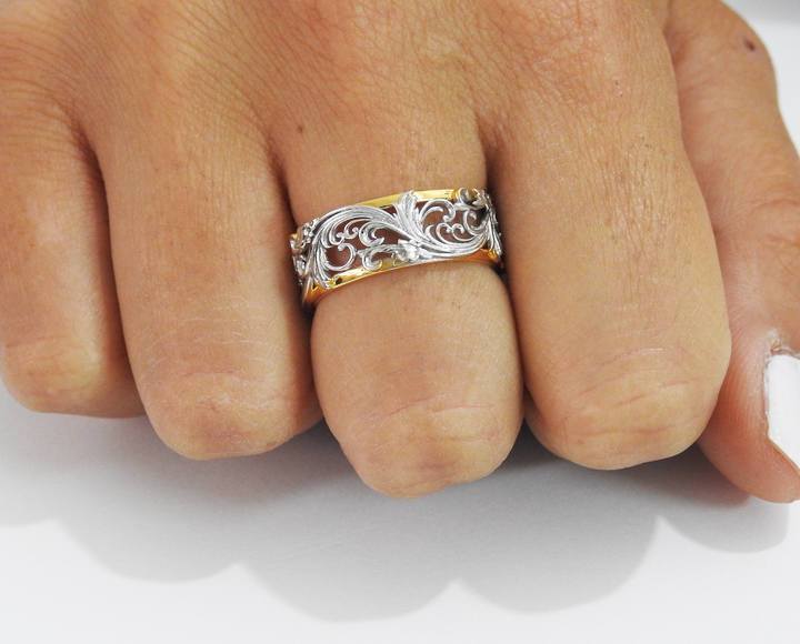 2 Tone Silver Flower Band Engraved Flower Ring Milgrain Silver Band Filigree Wedding Band Engraved Wedding Band Silver Leaf Ring