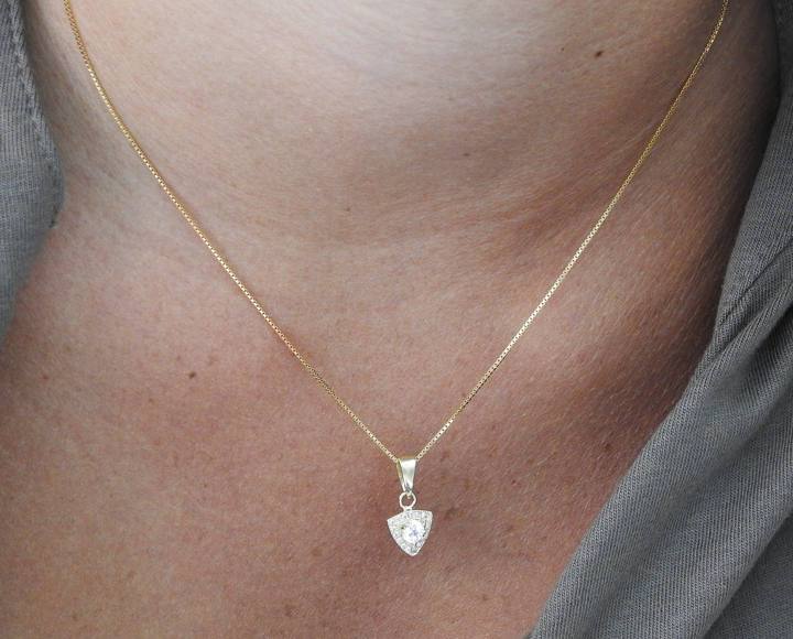 SALE 50% Off 14K Triangle Pendant SALE Diamonds surrounding White Sapphire