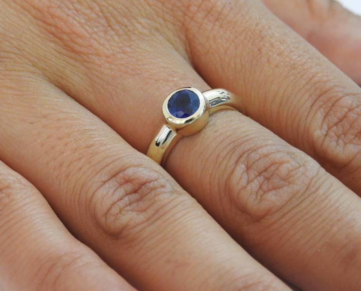 Solitaire Sapphire Ring Halo Ring Engagement Ring Bezel set Sapphire in 14K Yellow gold September Birthstone