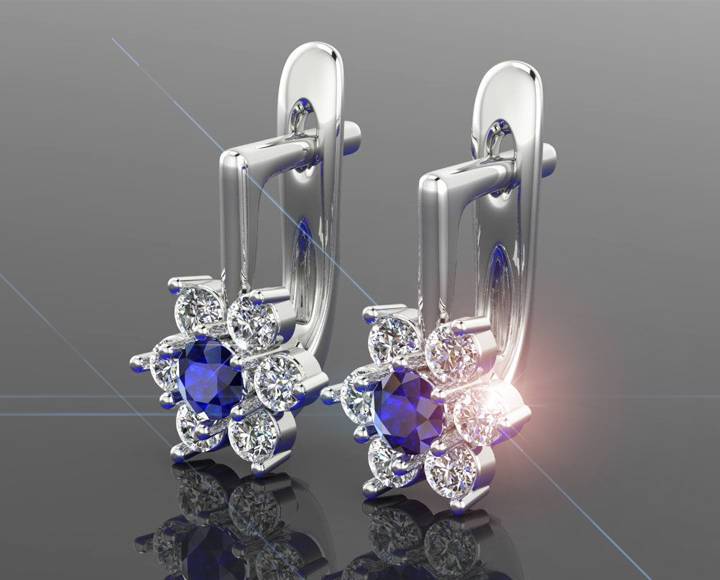 Blue Botanical Earrings Gold Earrings Art Nouveau Sapphire Earrings Diamond Earrings Leverback Earrings Flower Earrings in White gold