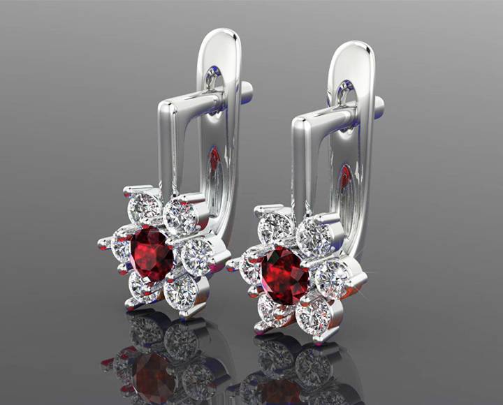 Red Earrings Flower LeverBack Earrings Gold Earrings Art Nouveau Ruby Earrings Diamond Earrings Flower Earrings in 14K or 18K White gold