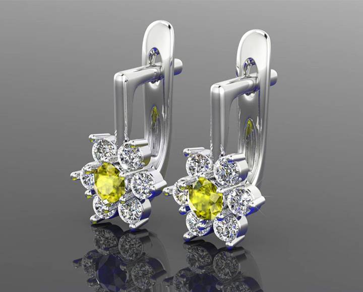 Yellow Flower Diamond Earrings LeverBack Engagement Sunflower Earrings in 14K or 18K White gold