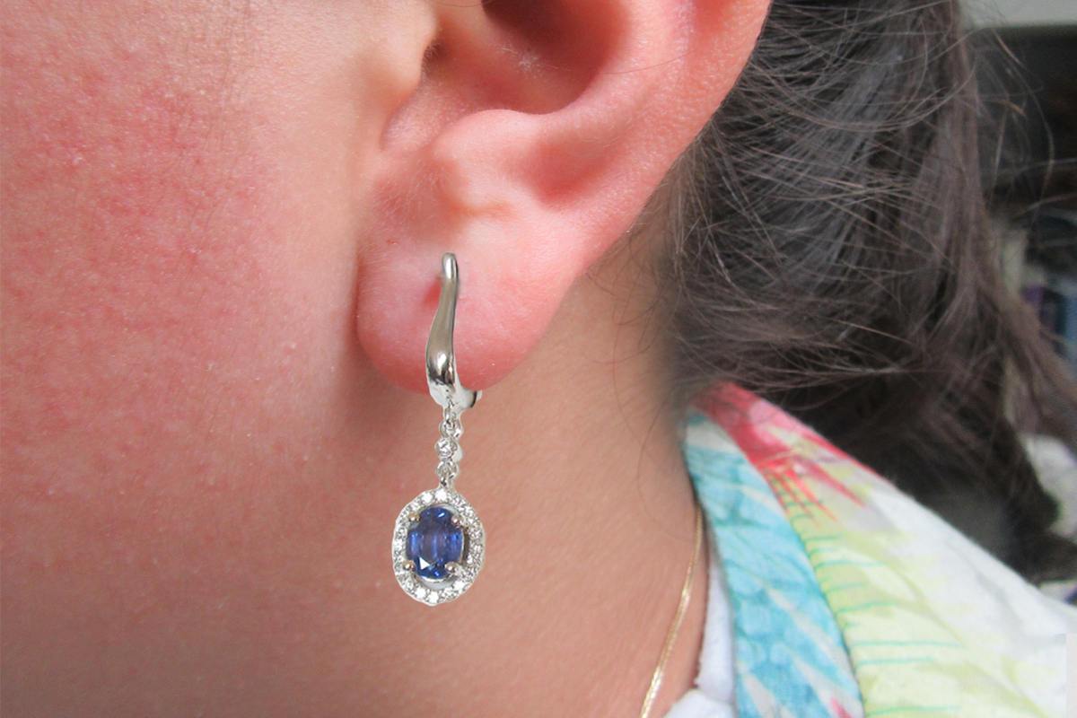 Lever back Vintage Earrings Oval Sapphire surrounded Diamonds Birthday Gift Woman Earrings Edwardian Earrings Drop earrings 14K White Gold