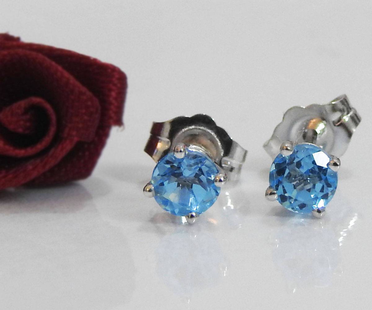 Sky Blue Studs Gold Earrings Topaz Stud Earrings 4 mm Studs Gemstone Earrings 14K White Gold Earrings Wedding Jewelry Anniversary Gift