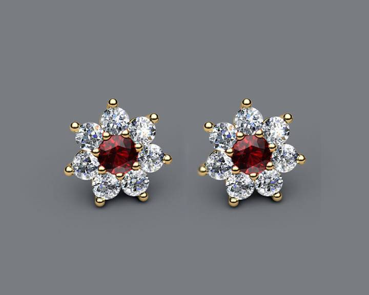 Botanical Floral earrings Ruby Earrings Flower Earrings Cluster Earrings 14 or 18K Yellow Rose White gold