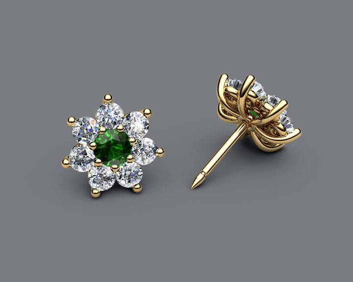 Emerald Flower Diamond Earrings, 14K Solid Gold Green Chatham Emeralds surrounded with Natural Top Diamonds
