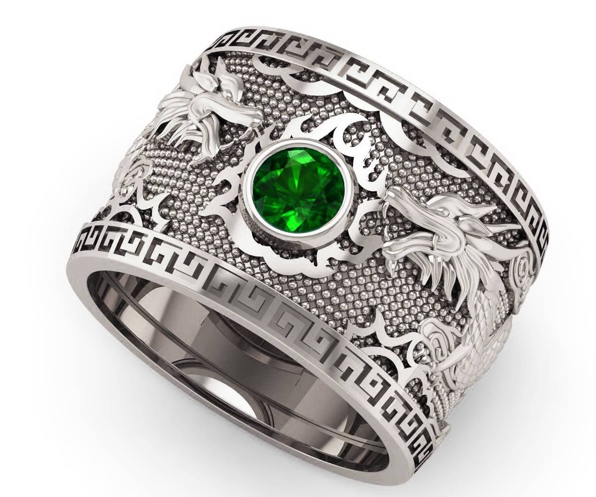 Silver Dragon Band with Emerald Edwardian Anniversary Dragon Ring - Lianne Jewelry