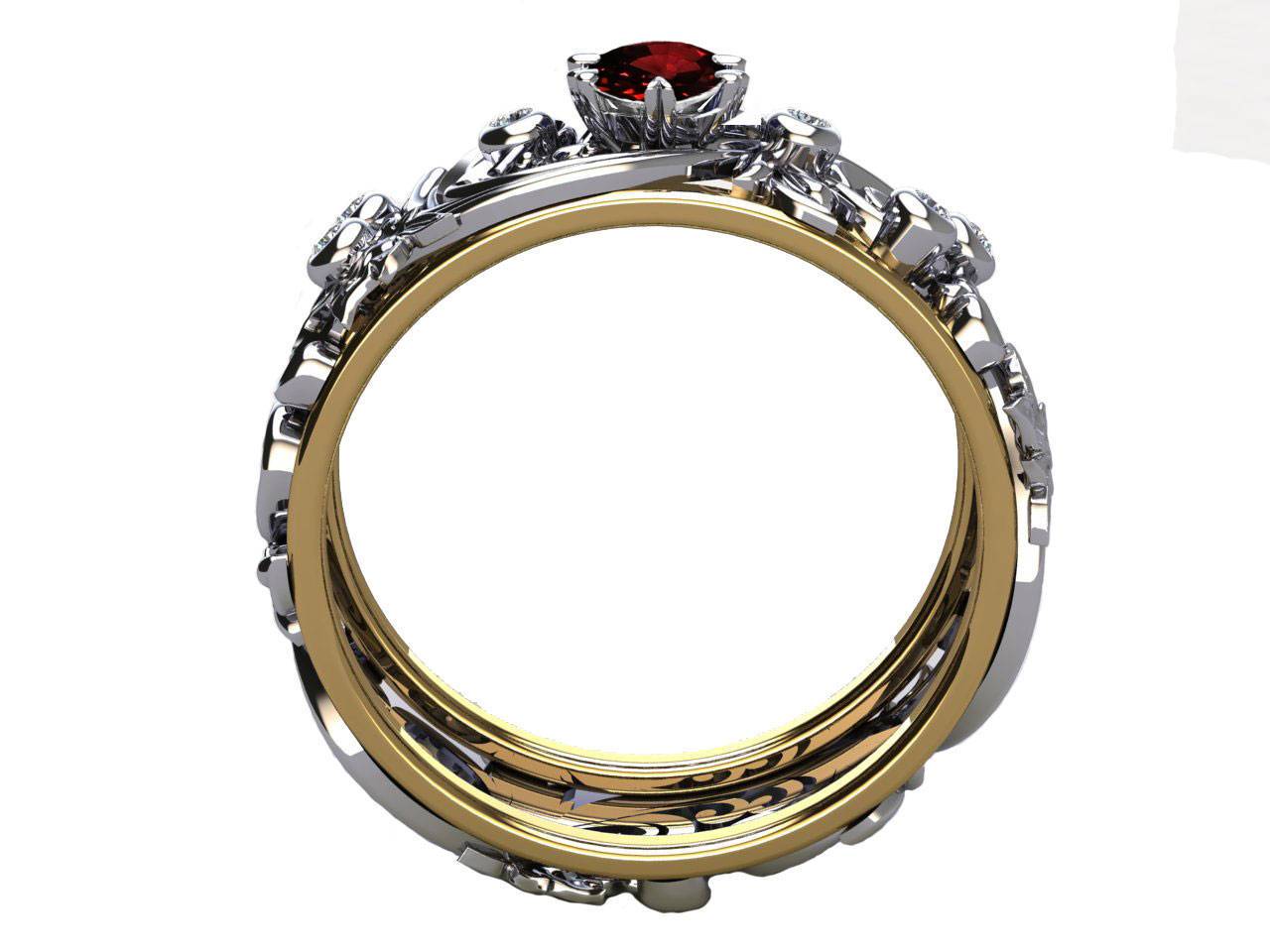 Ruby Leaves Band Silver 2 tone Wedding Band with Diamonds Filigree Flower Band - Lianne Jewelry