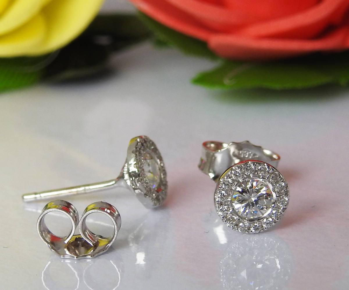 Circle Earrings Stud Earrings Diamond Gold Earrings Sun Earrings Birthday Earrings Victorian Halo 14K or 18K White gold Wedding Earrings