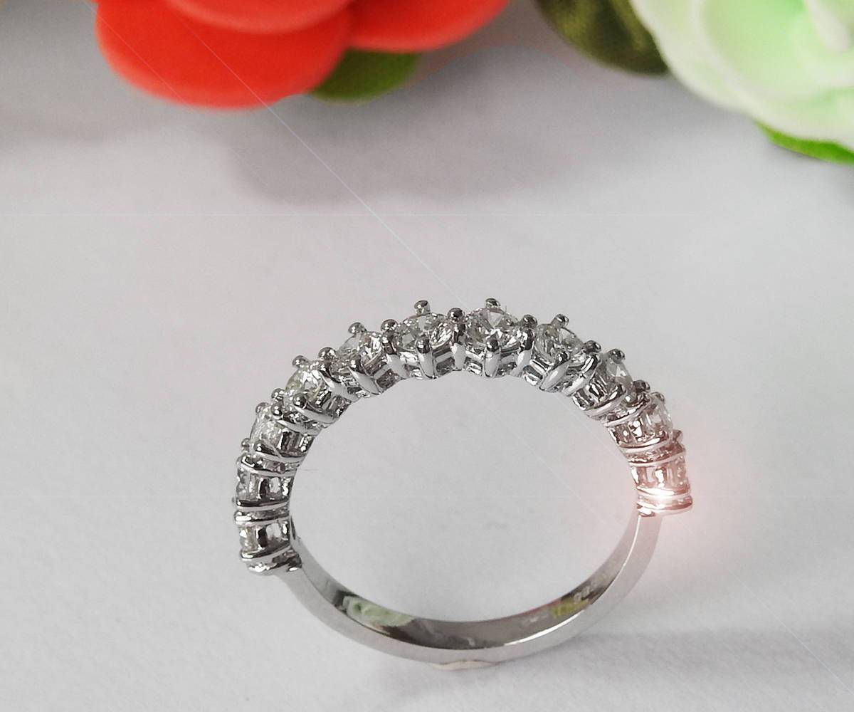 11th Anniversary Band Diamond Wedding band  for Her Half Eternity Stacking ring Minimalist ring 14K or 18K White Gold - Lianne Jewelry