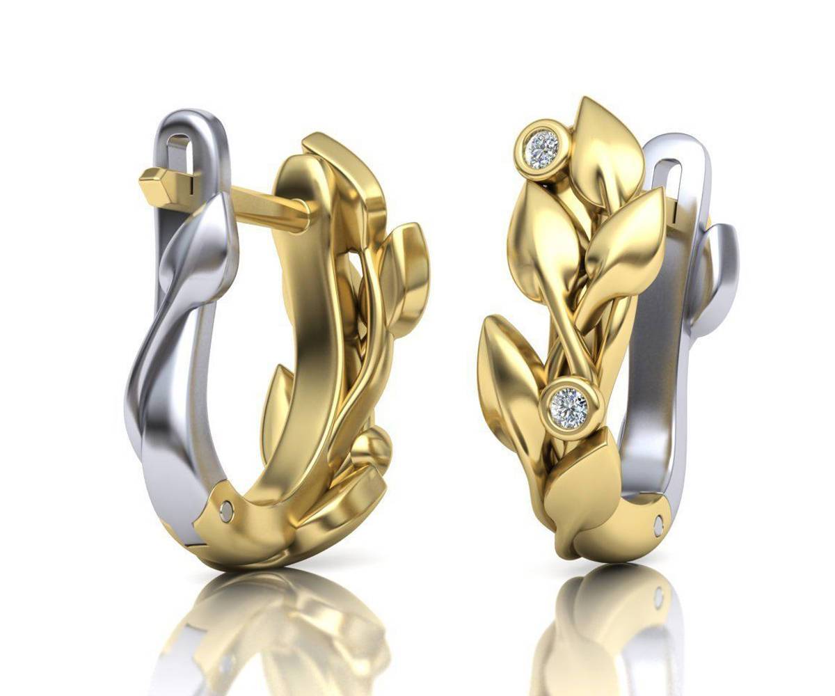 2 Tone Gold Leaves Earrings Leverback Leaf Earrings Stud Earrings Celtic Earrings Yellow and White Gold Anniversary Jewelry Gift - Lianne Jewelry