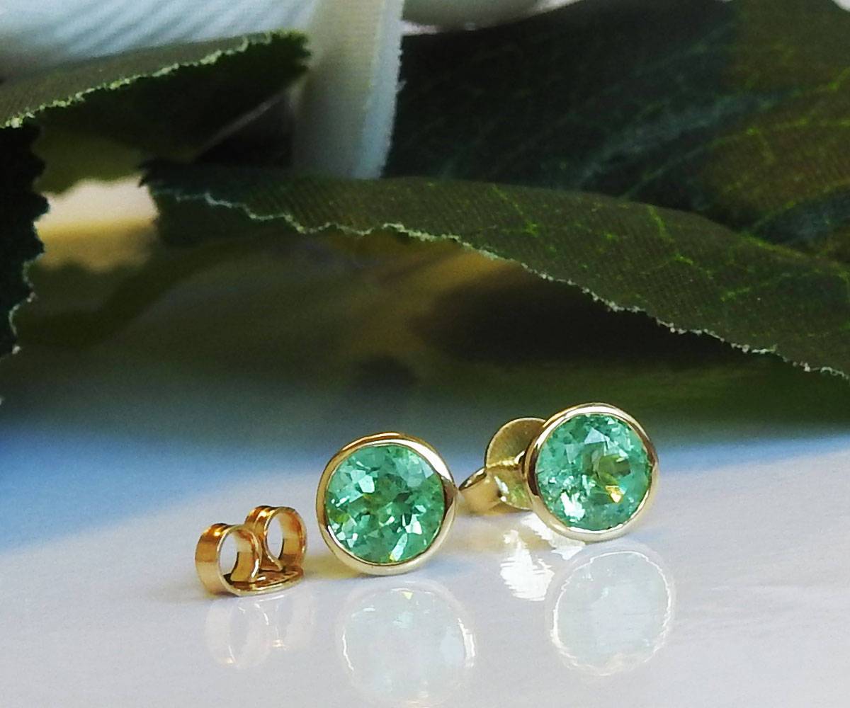 Solid Gold Round Emerald Studs Bezel set 6.5mm, Natural Emeralds Earrings, Super Green Sparkle - Lianne Jewelry